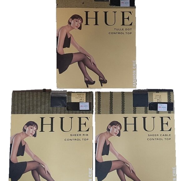 3 Packages of HUE Sheer Rib, Tulle Top & Sheer Cable Control Top Size 2 Black - Picture 2 of 2
